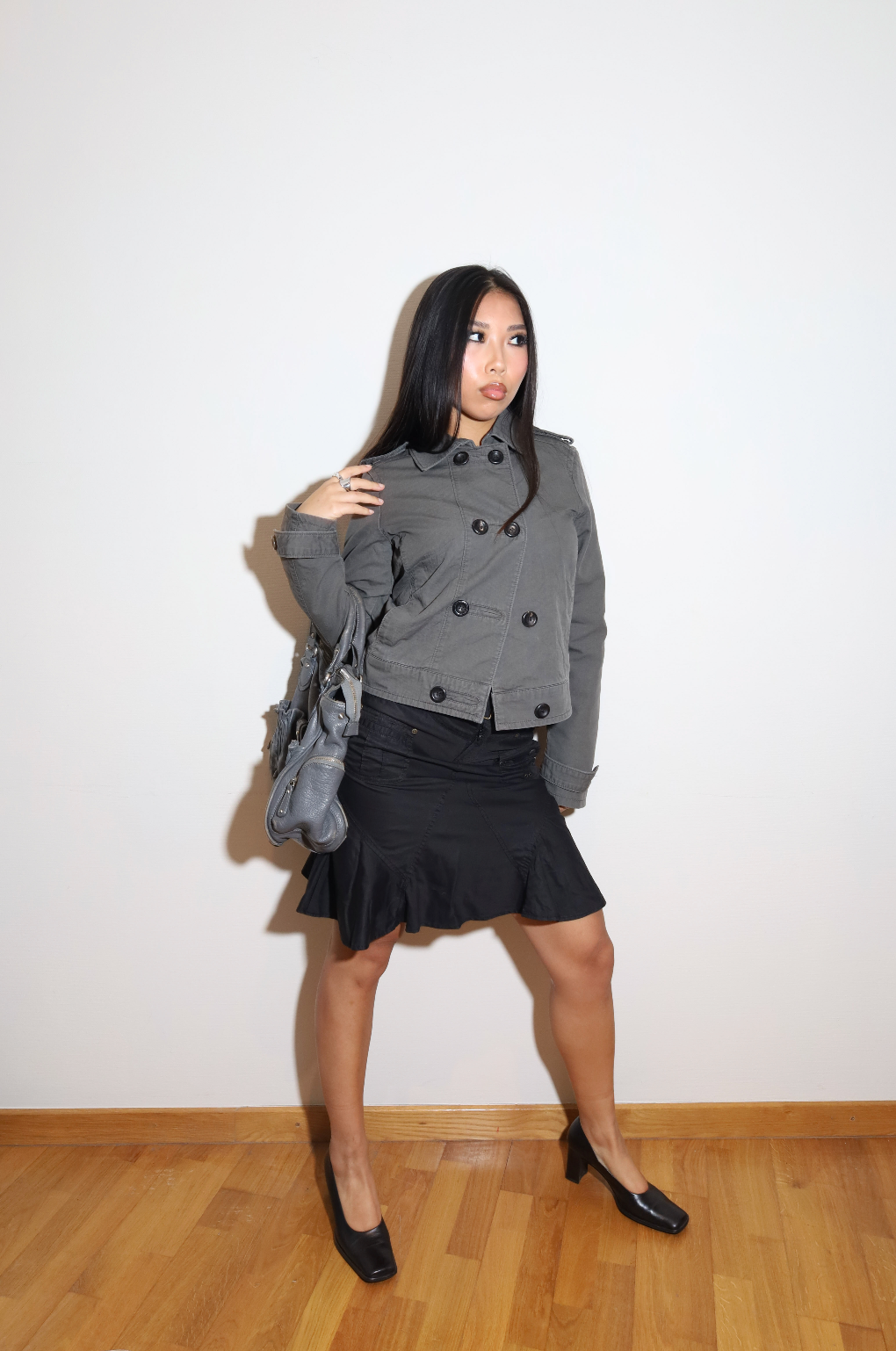 Grey Cropped Peacoat Jacket