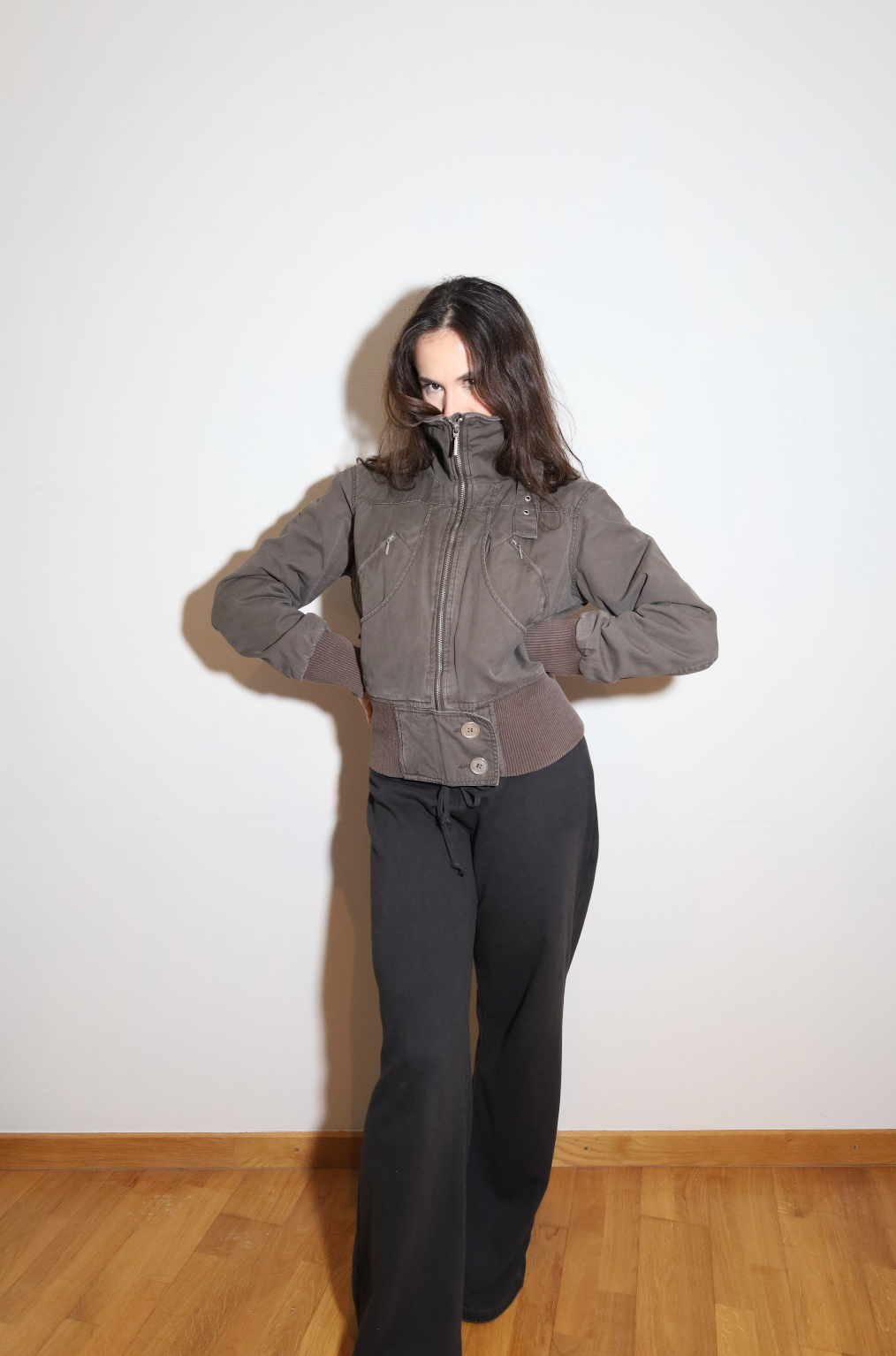 Taupe High Neck Bomber Jacket