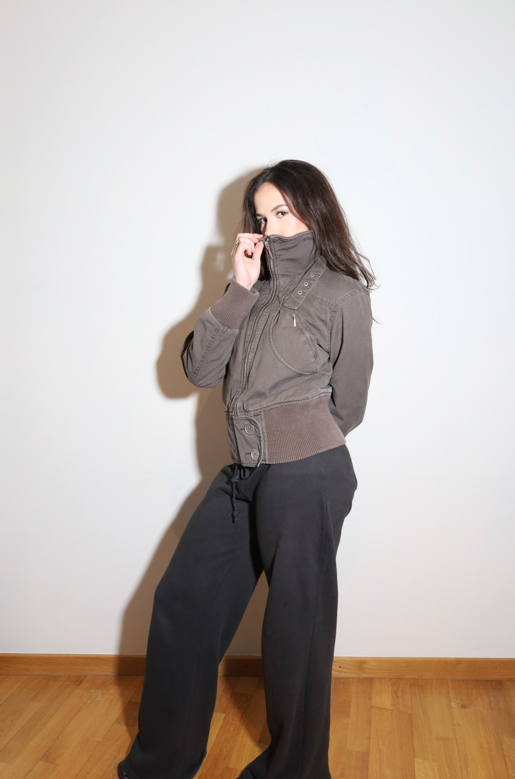 Taupe High Neck Bomber Jacket