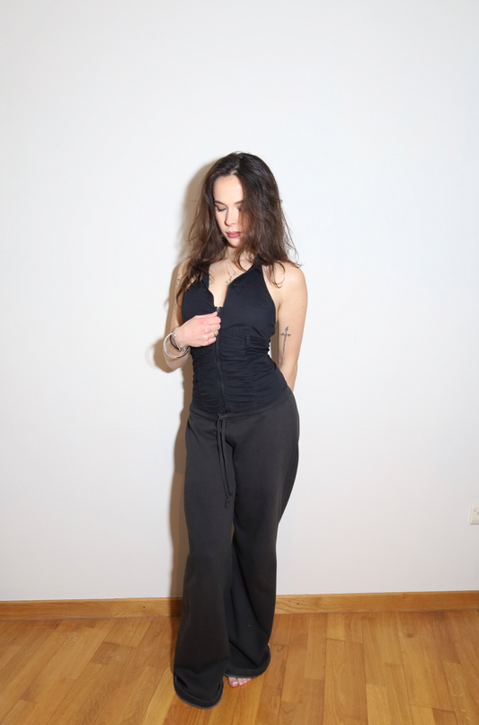 Black Halter Zipper Top